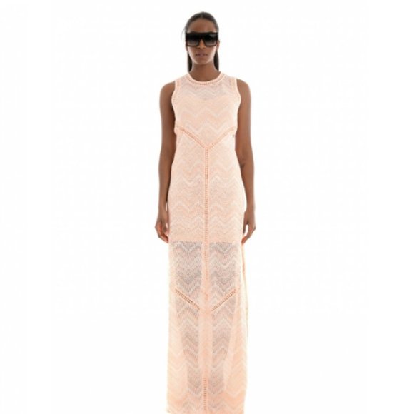 GUESS | Maxi Light  Salmon Backless Side Slit Macramè Janet Dress (Size L) - Picture 2 of 16
